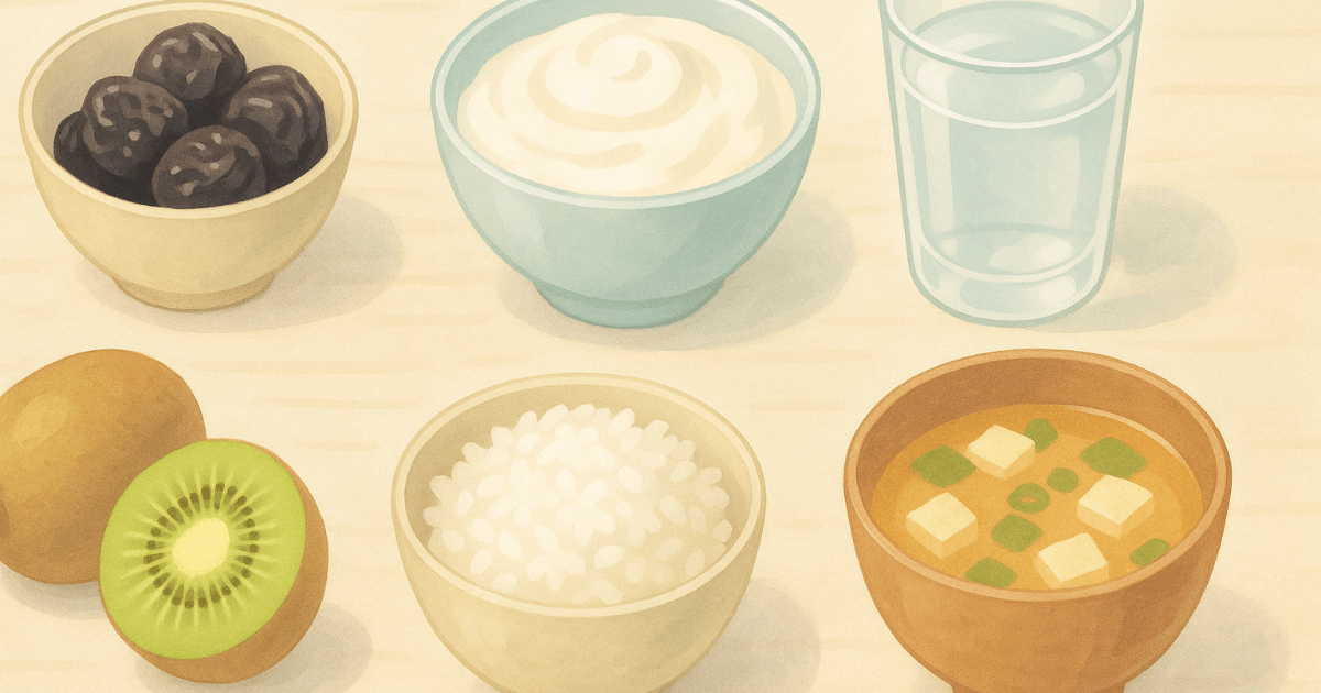 Guide complet des aliments et boissons efficaces contre la constipation : Visez une "matinée rafraîchissante" avec des kiwis, des pruneaux et de l'hydratation.